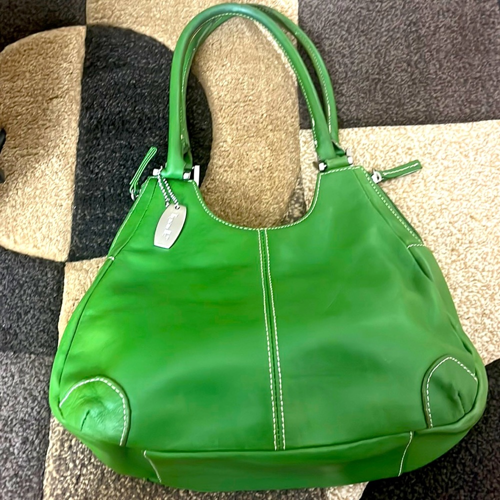 Tignanello Green handbag with cream stitching and silver hardware.